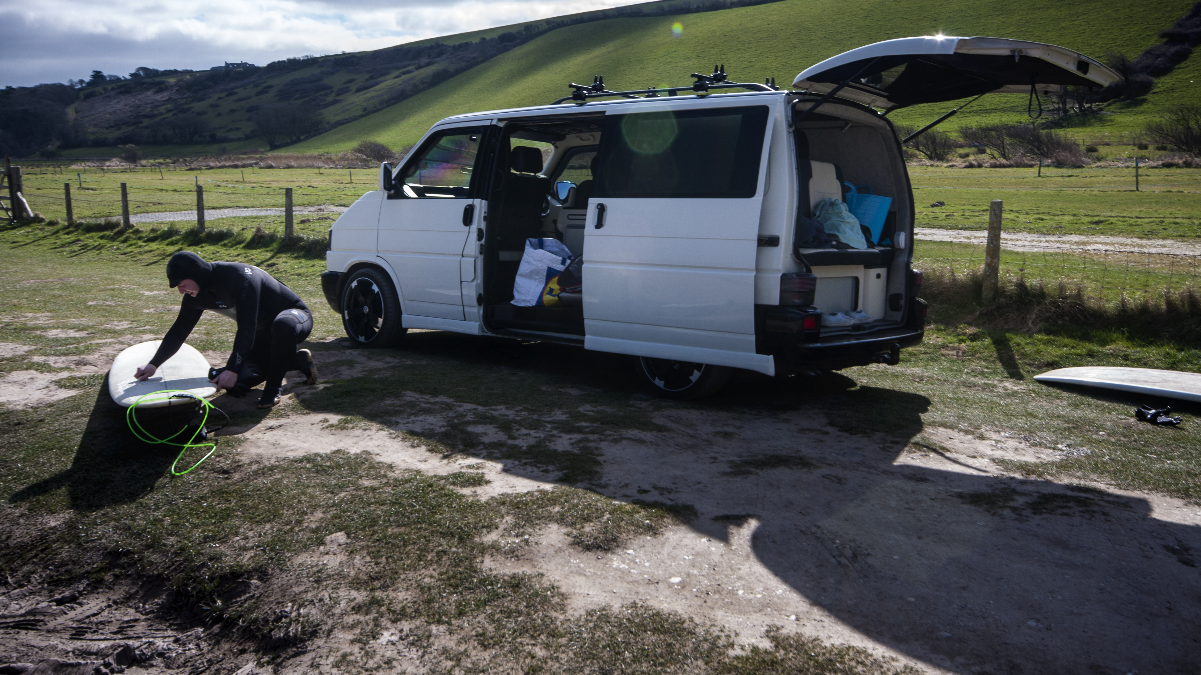 Parked up and getting everything ready for a surf